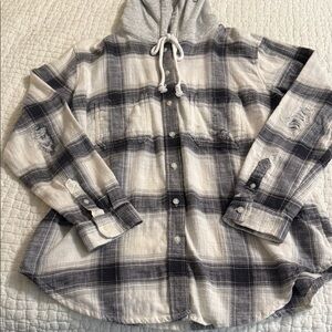 American Eagle Neutral Plaid Hooded Shirt Jacket
